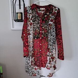 Floral Button Down Shirt with Red and Black Accents